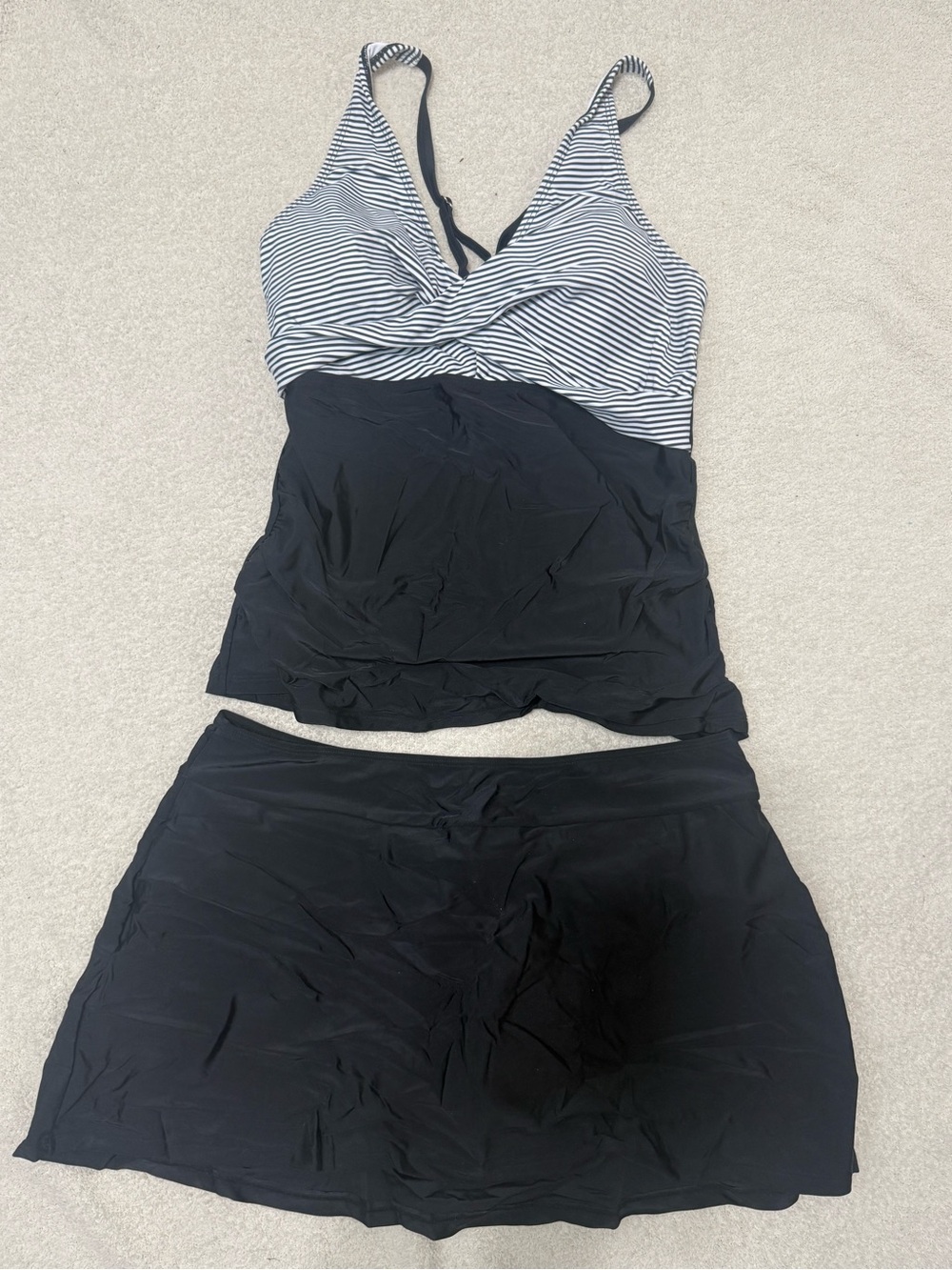 Black & White Striped Tankini with Black Swim Skirt